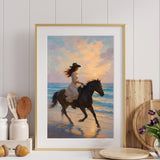 Boho Cowgirl Wall Art featuring a woman on horseback by the beach at sunset, perfect for coastal decor.