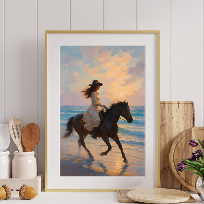 Boho Cowgirl Wall Art featuring a woman on horseback by the beach at sunset, perfect for coastal decor.