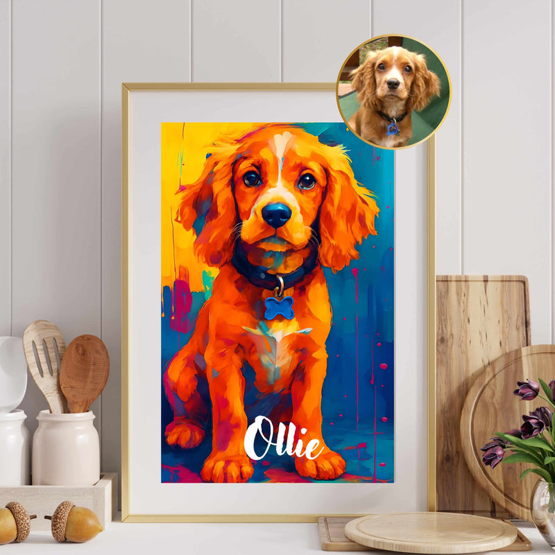 Colorful custom pet portrait of a dog named Ollie in a vibrant abstract style with bold rainbow colors.