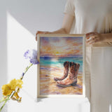 Rustic Cowboy Beach Digital Wall Art – Western Boots Sunset Print, Coastal Landscape Decor