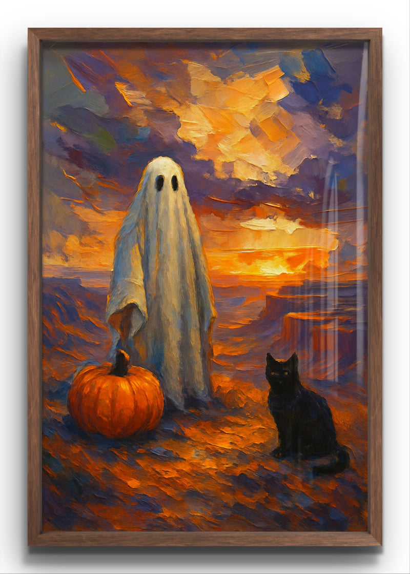 Printable Halloween Wall Art Ghost with Pumpkin and Black Cat at Sunset