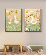 Goose nursery wall art set featuring watercolor illustrations of geese and flowers, perfect for baby room decor.