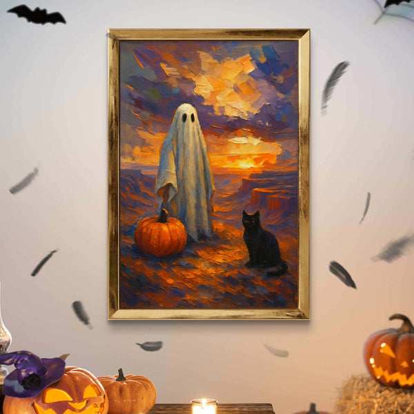 Printable Halloween Wall Art Ghost with Pumpkin and Black Cat at Sunset