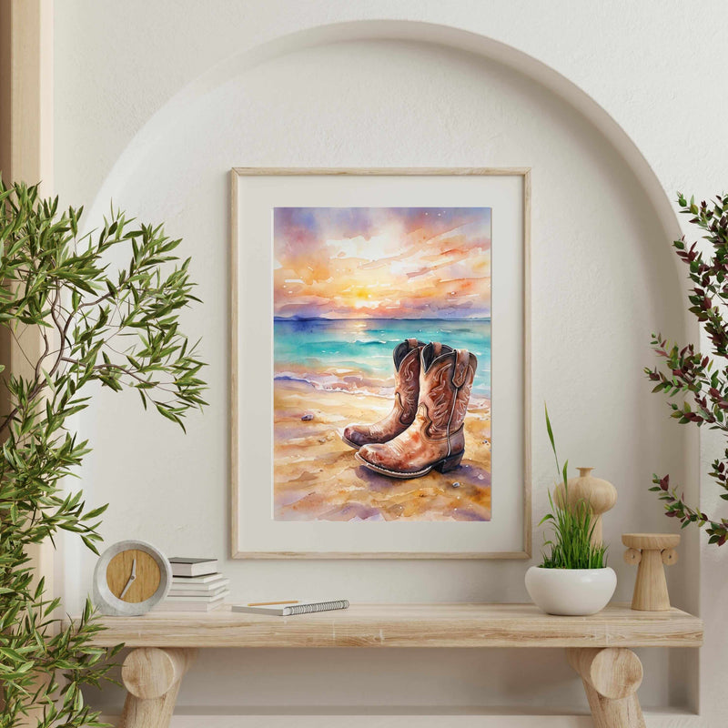 Rustic Cowboy Beach Digital Wall Art – Western Boots Sunset Print, Coastal Landscape Decor
