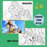 Custom coloring pages showcasing realistic and kids styles, featuring a family with pets and playful designs.