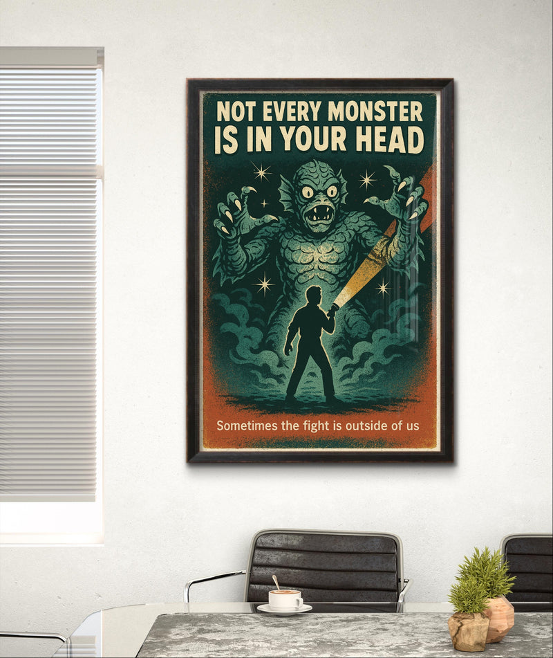 Not Every Monster Is in Your Head Retro Wall Art Print – Mental Health Poster, Vintage Horror Style Printable