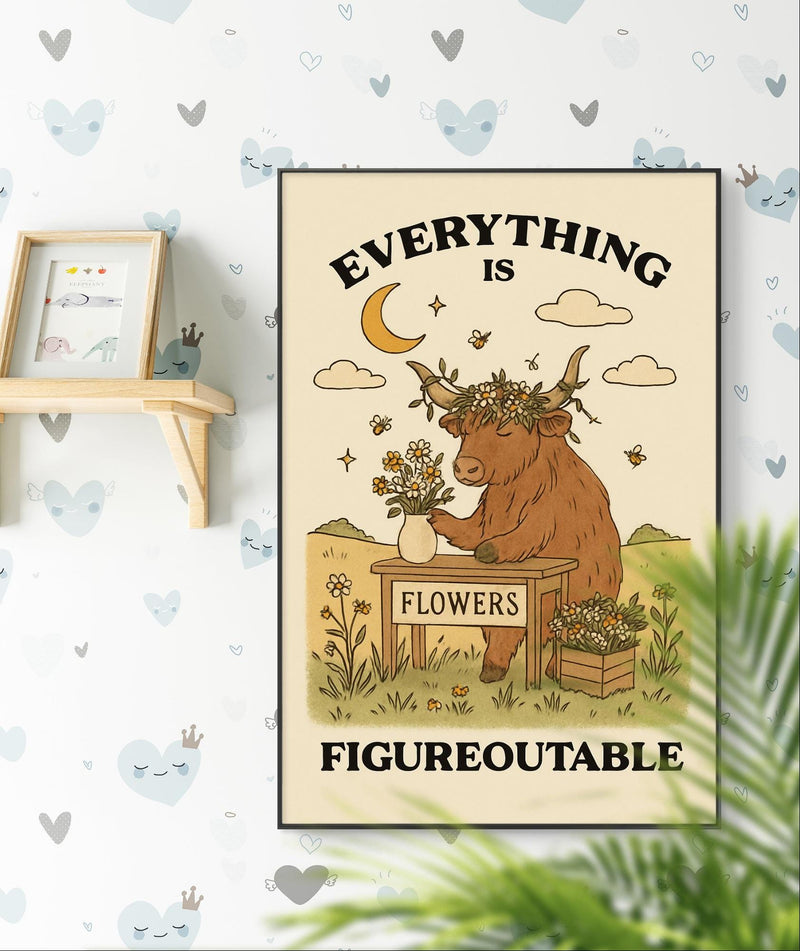 Highland Cow Inspirational Wall Art – “Everything Is Figureoutable” Motivational Poster Printable