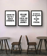 Three motivational wall art prints featuring empowering quotes about strength, healing, and self-worth.