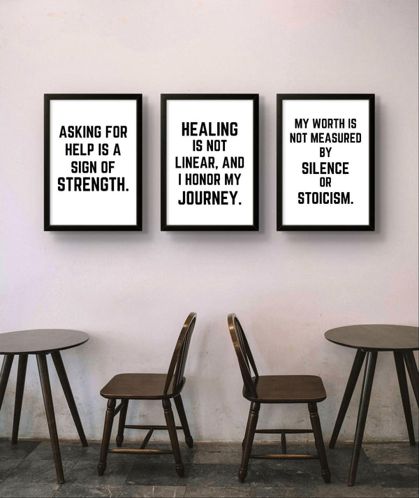 Three motivational wall art prints featuring empowering quotes about strength, healing, and self-worth.