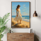 Coastal Cowgirl Wall Art depicting a woman in a white dress on a beach, perfect for farmhouse decor.