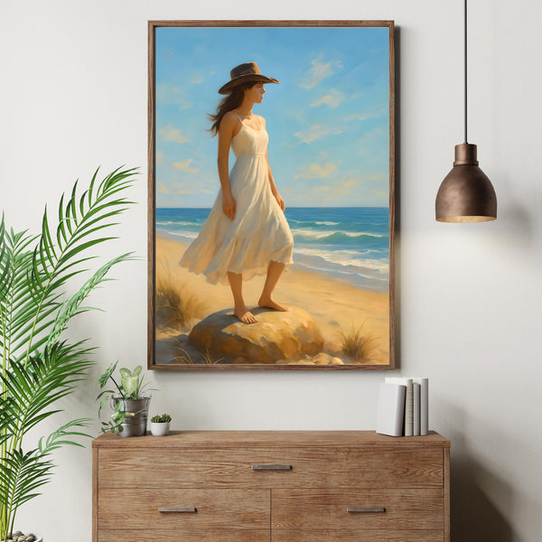 Coastal Cowgirl Wall Art depicting a woman in a white dress on a beach, perfect for farmhouse decor.