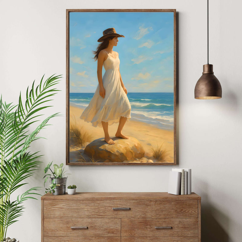 Coastal Cowgirl Wall Art depicting a woman in a white dress on a beach, perfect for farmhouse decor.