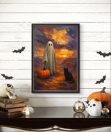 Printable Halloween Wall Art Ghost with Pumpkin and Black Cat at Sunset