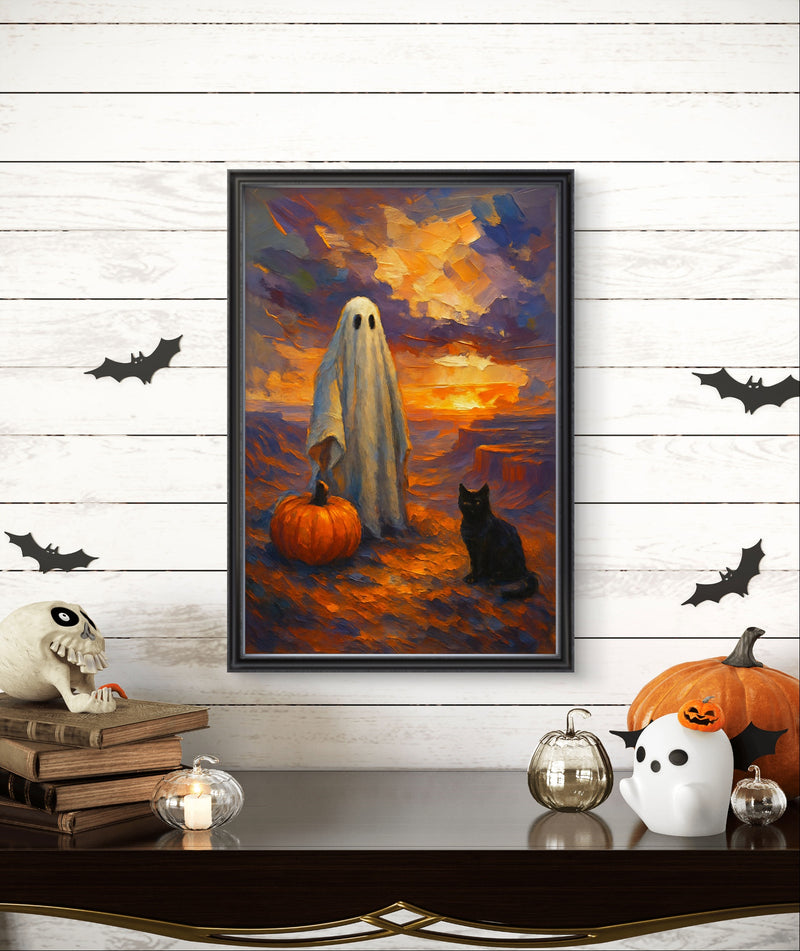 Printable Halloween Wall Art Ghost with Pumpkin and Black Cat at Sunset