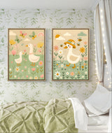Goose nursery wall art prints featuring soft watercolor designs in a cozy baby room setting.