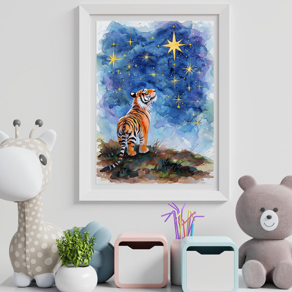 Starry Night Tiger Digital Wall Art – Watercolor Printable for Preppy & Kitsch Decor
