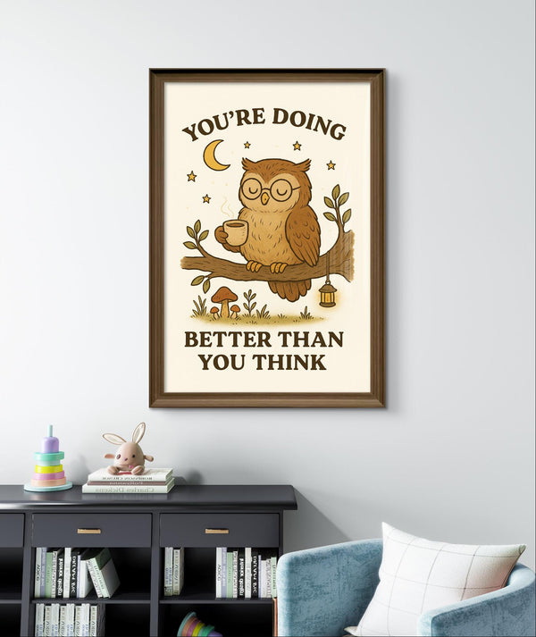 Owl Inspirational Wall Art – “You’re Doing Better Than You Think” Woodland Animal Printable