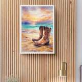 Rustic Cowboy Beach Digital Wall Art – Western Boots Sunset Print, Coastal Landscape Decor