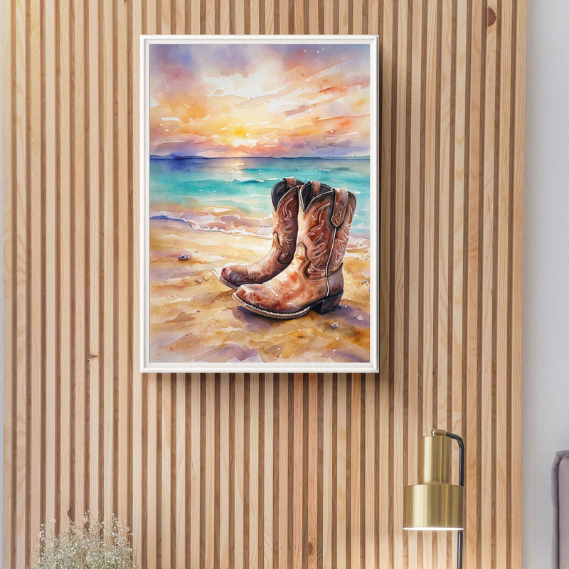 Rustic Cowboy Beach Digital Wall Art – Western Boots Sunset Print, Coastal Landscape Decor