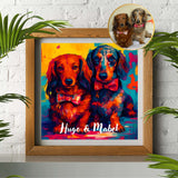 Vibrant custom pet portrait of two dogs named Hugo and Mabel, showcasing abstract rainbow colors and personality.