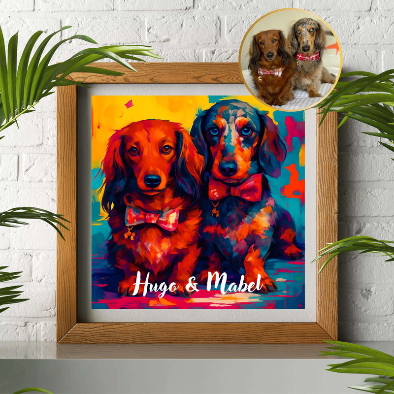 Vibrant custom pet portrait of two dogs named Hugo and Mabel, showcasing abstract rainbow colors and personality.