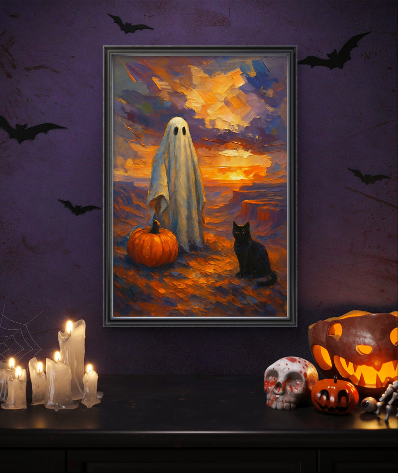Printable Halloween Wall Art Ghost with Pumpkin and Black Cat at Sunset