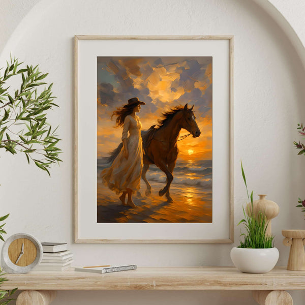 Framed artwork of a woman with a horse at sunset on a wall above a wooden console table.
