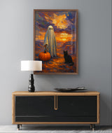Printable Halloween Wall Art Ghost with Pumpkin and Black Cat at Sunset