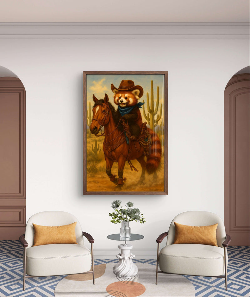 Cowboy Red Panda Digital Art Print,  Western Animal Wall Decor, Cute Rustic Country Style