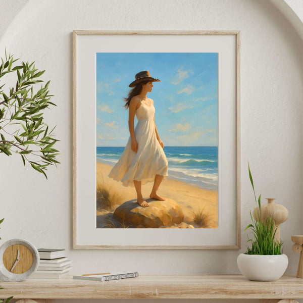 Coastal Cowgirl Wall Art featuring a woman in a white dress by the beach, perfect for farmhouse and beach decor.