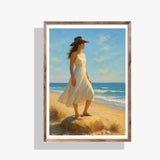 Coastal Cowgirl Wall Art featuring a woman in a white dress on the beach, blending coastal and western themes.