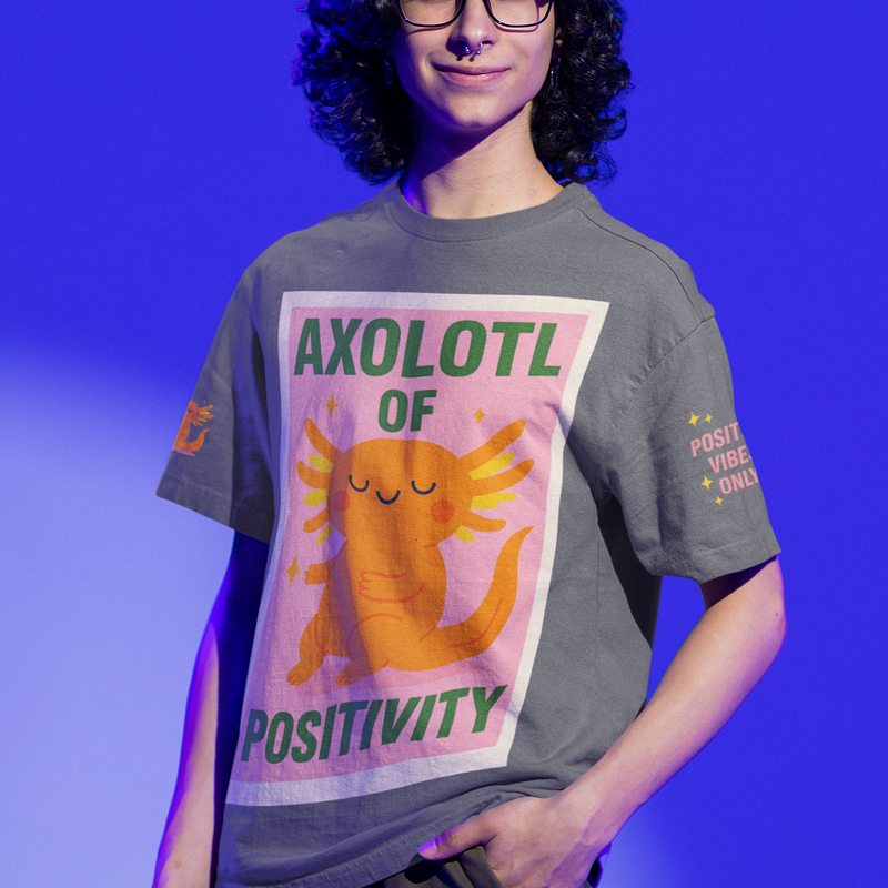 Person wearing a t-shirt with an axolotl graphic and text on a blue background