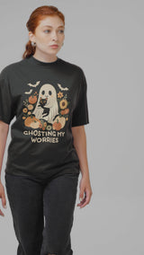 Halloween Cat Ghost Tee, Spooky Unisex Graphic T-Shirt, Feline Spooky Shirt, Cat Lover Gift