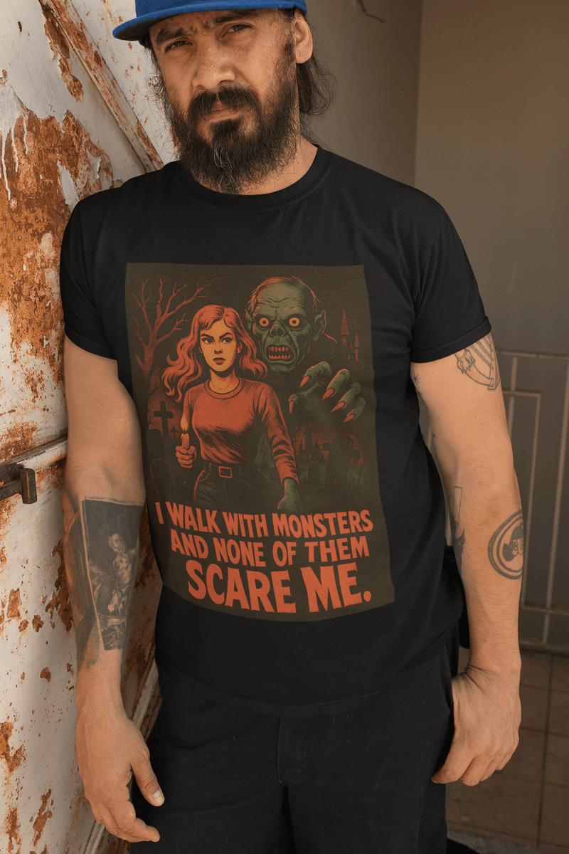 Horror Theme Unisex Tee - I Walk With Monsters, Scary Movie T-Shirt