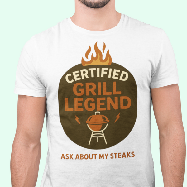 Person wearing a white t-shirt with a grill-themed design on a light green background