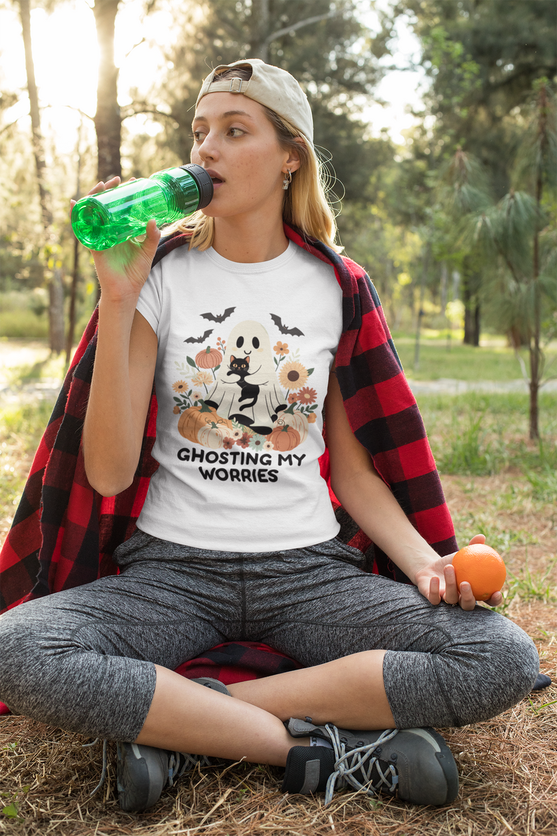 Unisex Heavy Cotton Tee - Ghosting My Worries Halloween Shirt, Spooky T-shirt